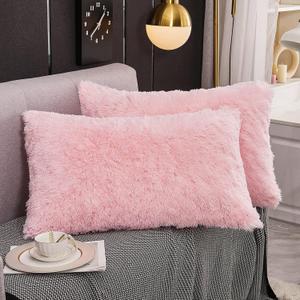 WERDIM Shaggy Faux Fur Pillowcases 2 Pack Button Closure Velvet Pillow Shams Standard/Queen Size (Pink, 20 X 26 Inches)