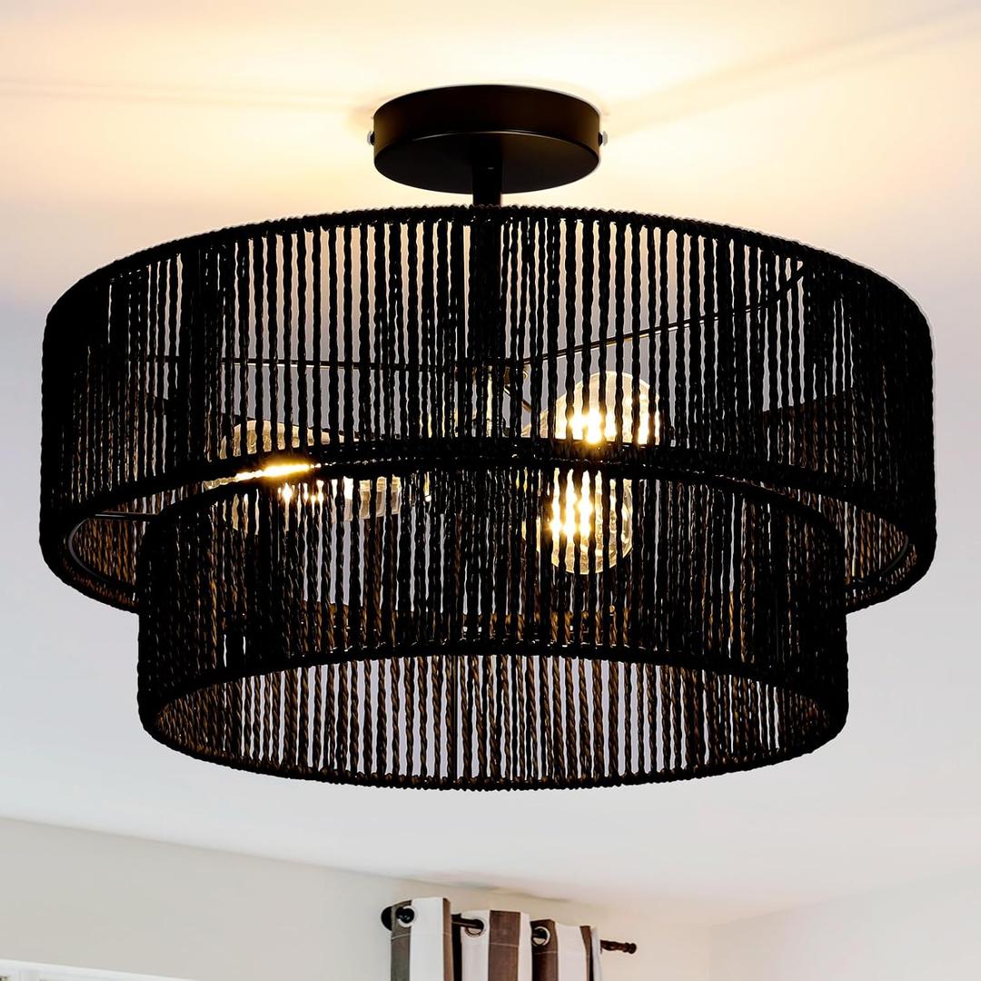 Black Boho Light Fixtures Ceiling Mount 18'' Coastal Hemp Rope Semi Flush Mount Ceiling Light Fixture 3-Light Rattan Light Fixtures with 2-Tier Drum Shade for Dining Room Kitchen Entry