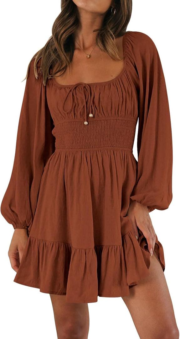 LILLUSORY Women's Long Sleeve Mini Cottagecore Dresses 2026 Fall Outfits Square Neck Casual Flowy Short Dress Fashion (Caramel)