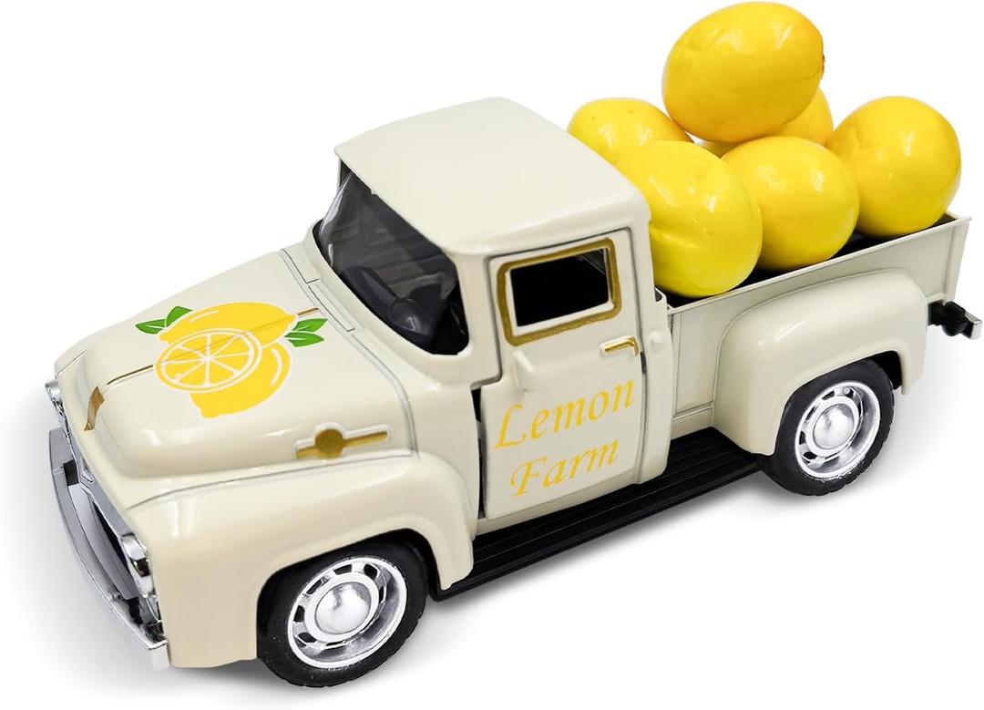 Lemon Truck Decor, Lemon Decorations for Home Metal Truck Decor with Mini Fake Lemons Farmhouse Tabletop Lemon Tiered Tray Summer Decor for Home Kitchen, Mini Truck Lemon Party Decorations- Cream