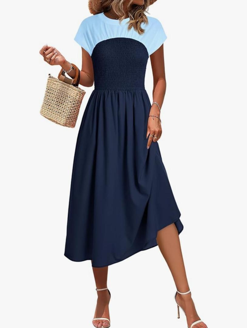 Wenrine Womens Casual Summer Midi Dress Smocked Cap Sleeve Crew Neck Color Block A Line Flowy Beach Dresses, S, Navy
