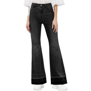 Sidefeel Women's Flare Jeans High Waisted Bell Bottom Stretchy Patch Hem Denim Pants with Pockets (8, Black)