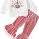 Toddler Girl Christmas Outfit Santa/Christmas Tree Sweatshirt+Velvet Bell-Bottoms Clothes (4-5T, Pink)