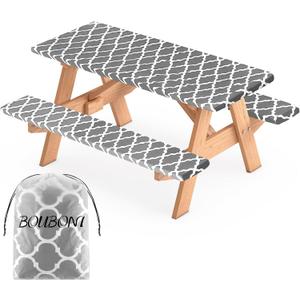 3 Pcs Set Fitted Picnic Table Cover with Bench Covers Vinyl Camping Table Cloth Flannel Backing Picnic Table Cloth for 6ft Tables Camping Outdoor (Gray Morocco, 30 x 72 Inches)