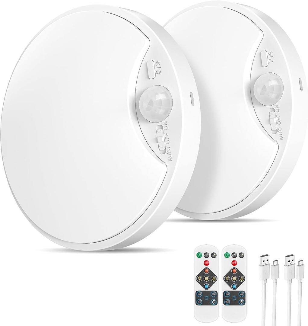 2 Pack 10000mAh Rechargeable Motion Sensor Ceiling Light with Remote, Battery Operated Closet Light No Wiring, Magnetic Wireless LED Ceiling Lights, 3 Color Overhead Lamp for Shower Pantry Hallway (3CCT-7-White)