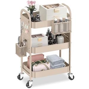 ALVOROG 3 Tier Rolling Cart with DIY Pegboards Metal Utility Cart with Wheels Handles Baskets Hooks, Craft Cart for Office Kitchen Bathroom(Khaki)
