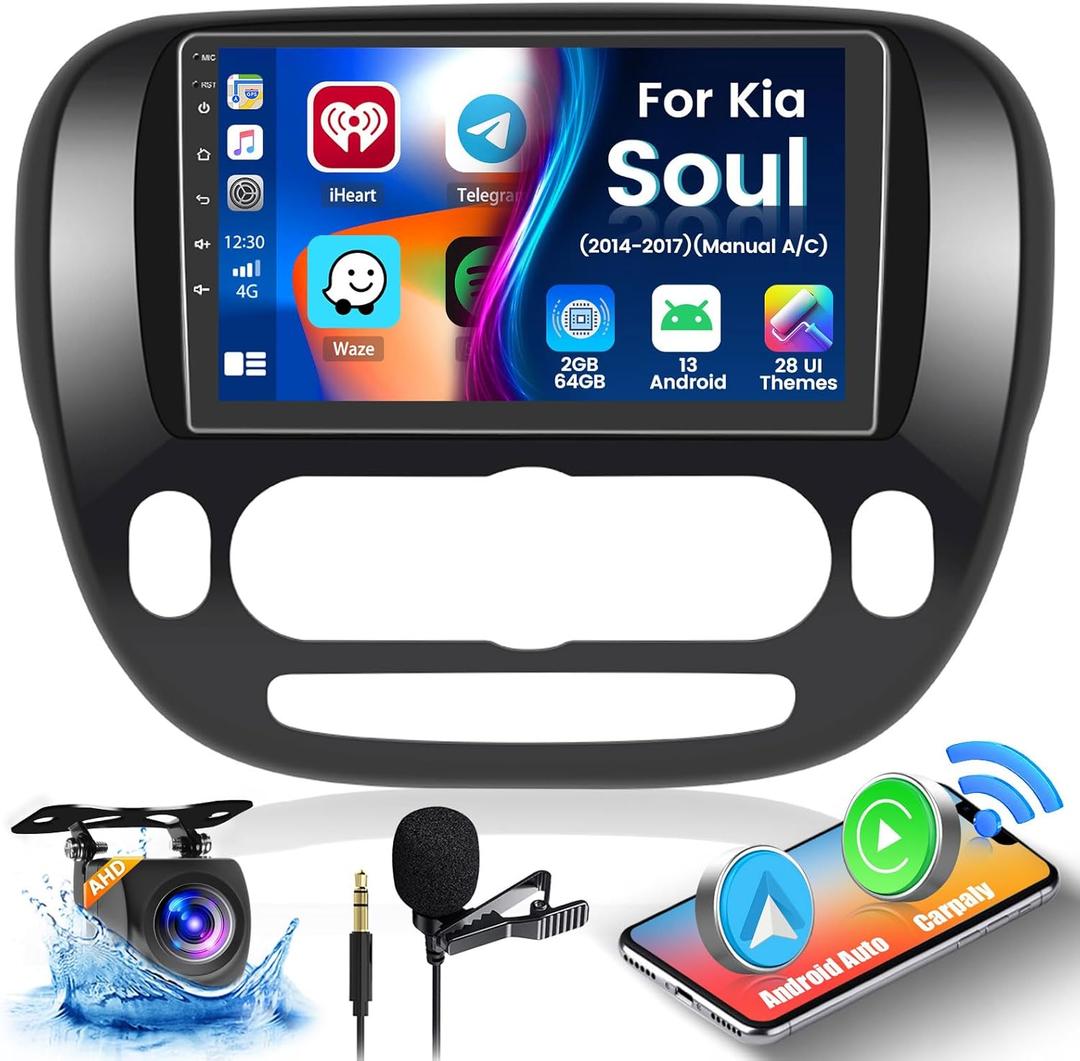for Kia Soul 2014-2017 2+64GB Fuluku Android 13 Car Stereo with Wireless Carplay Android Auto, 9'' Touch Screen Car Radio GPS, WiFi, Bluetooth, SWC, MIC, Backup Camera, Mirror Link, RDS FM
