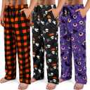3 Pack Mens Pajama Pants Microfleece Plaid Pajama Bottoms Sleepwear PJ Sleep & Lounge Pants with Pockets & Drawstring (X-Large, Purple Eyeball, Orange Ghost, Orange Plaid)