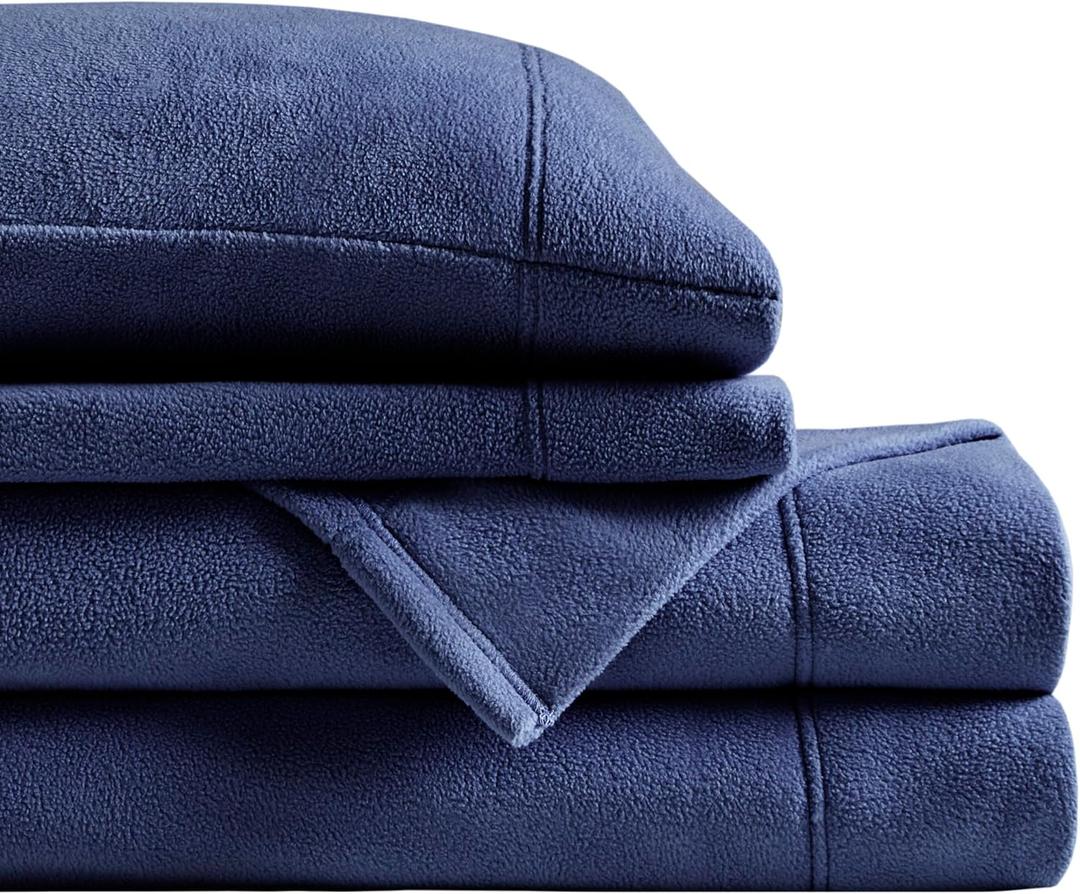 True North by Sleep Philosophy Micro Fleece Bed Sheet Set, Warm, Sheets with 14" Deep Pocket, for Cold Season Cozy Sheet-Set, Matching Pillow Case, Full, Navy, 4 Piece