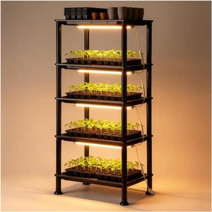 5-Tier Seed Starter Trays, Plant Stand with LED Grow Light (Auto-Timer), Bottom Watering Designed for Indoor Greenhouse Plants, Fits Small Pots & Seedling Cell Trays - Black
