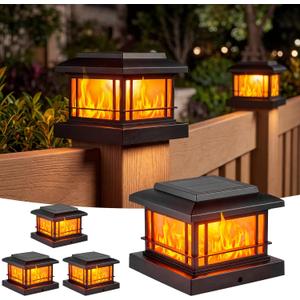 JOFIOS Flickering Flame Solar Post Cap Lights Outdoor, Black Post Lights with 3 Color Temperature, Fits 3.5" 4" 4.5" 5" Wood/Vinyl Posts, IP64 Waterproof Fence Deck Lights for Garden Patio Yard 4 Pack