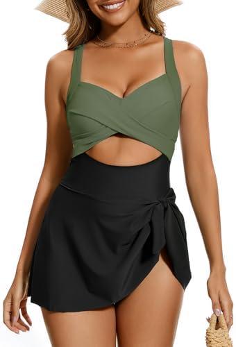 SIMIYA Women One Piece Swimsuit,Sexy V Neck Bathing Suit Dress,Cutout High Waist Tummy Control Swimwear with Cute Tie Knot, M, 1pcs-black+green