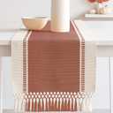 PurpleEssences Rust Table Runner - Wide with Dobby Stripe, Heavy Ribbed Weave & Double Knot Fringes, 14x72 Inch (14x77.5 with Fringes) Boho Farmhouse Decor - Fall Thanksgiving - Rust and H.White