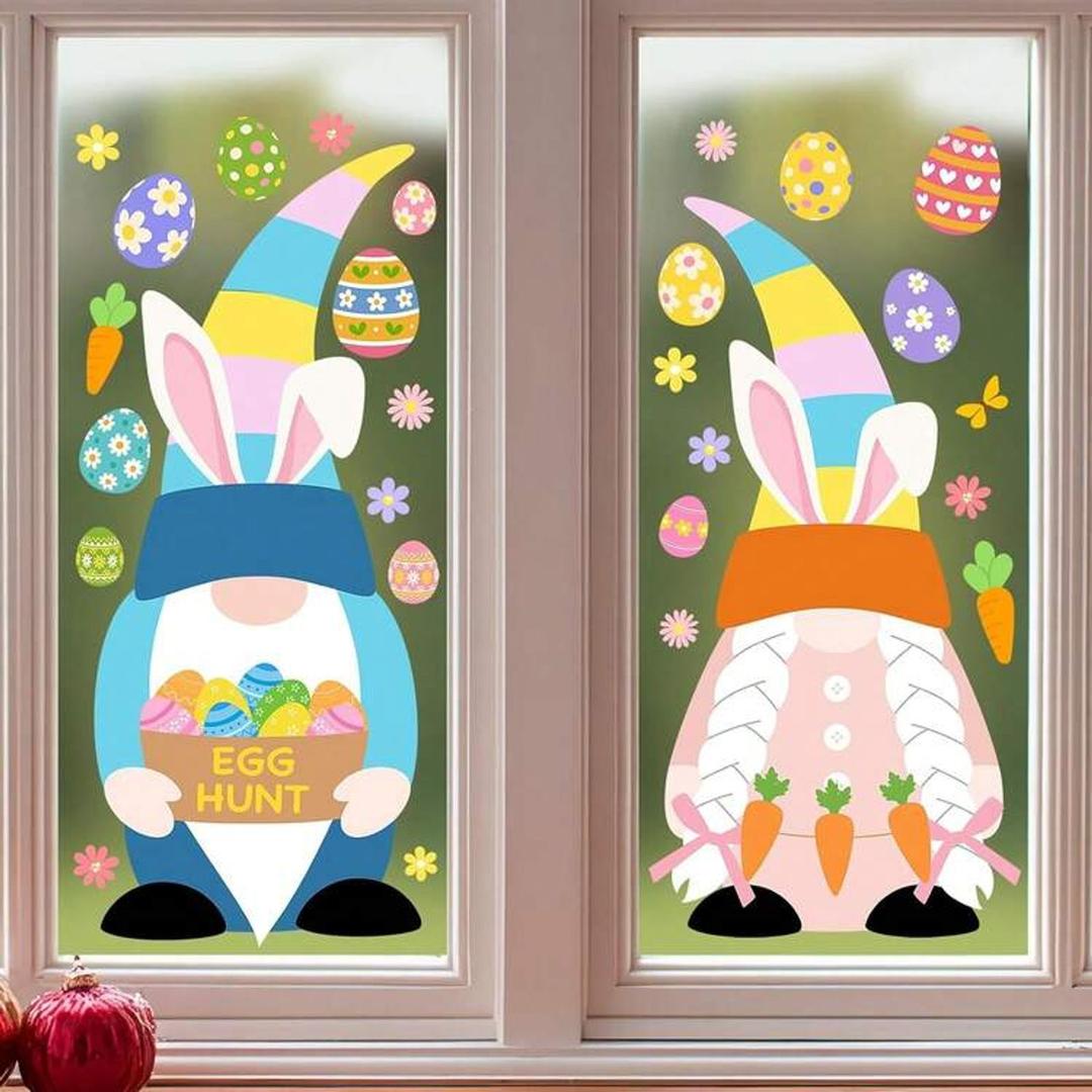 3 x Ctosree 2 Sheets Extra Large Easter Window Clings Decorations, Bunny Eggs Carrot Gnome Window Clings Stickers for Easter Decoration Birthday Party Supplies