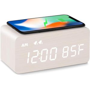MOSITO Digital Wooden Alarm Clock with Wireless Charging, 0-100% Dimmer, Dual Alarm, Weekday/Weekend Mode, Snooze, Wood LED Clocks for Bedroom, Bedside, Desk, Kids (White)