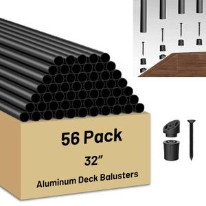 56 Pack 32 inch Aluminum Balusters for Deck Railing,Black Round Metal Spindles for Staircase,3/4" Diameter Hollow Deck Ballasters with Screws and Connectors for Railing Fencing Porch Stair Spindles