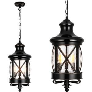 Outdoor Chandelier for Porch, 3-Light Farmhouse Vintage Outdoor Pendant Light Lantern, Black Hanging Porch Ceiling Light Fixture with 3 E12 Sockets for Patio, Entryway, Gazebo