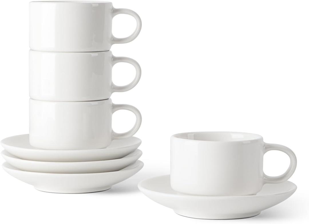 DOWAN 2.5 Ounce Porcelain Stackable Espresso Cups with Saucers Set of 4, White Espresso Cups for Home, Office and Cafe Use