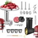 2 Set Meat Grinder & Cheese Grater Attachment for KitchenAid Stand Mixer, with 4 Grinding Plates, 3 Metal Sausage Stuffer Tubes, 4 Slicer Shredder Attachment, Burger Press and 3 Blades