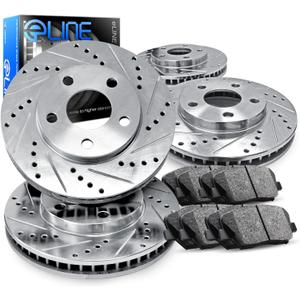 R1 Concepts Front and Rear Brakes and Rotors| Drilled and Slotted Brake Rotors| Front and Rear Ceramic Brake Pads and Rotors Kit| Brake Kit| Automotive Replacement Brake Kits 4 Pack