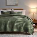 palassio Striped Olive Green 100% Cotton Quilt Queen Size Bedding Sets, Lightweight Crinkly Channel Pick Stitch Textured Bedspread Soft Shabby Chic Farmhouse Country Coverlet for All Season, 2 Shams
