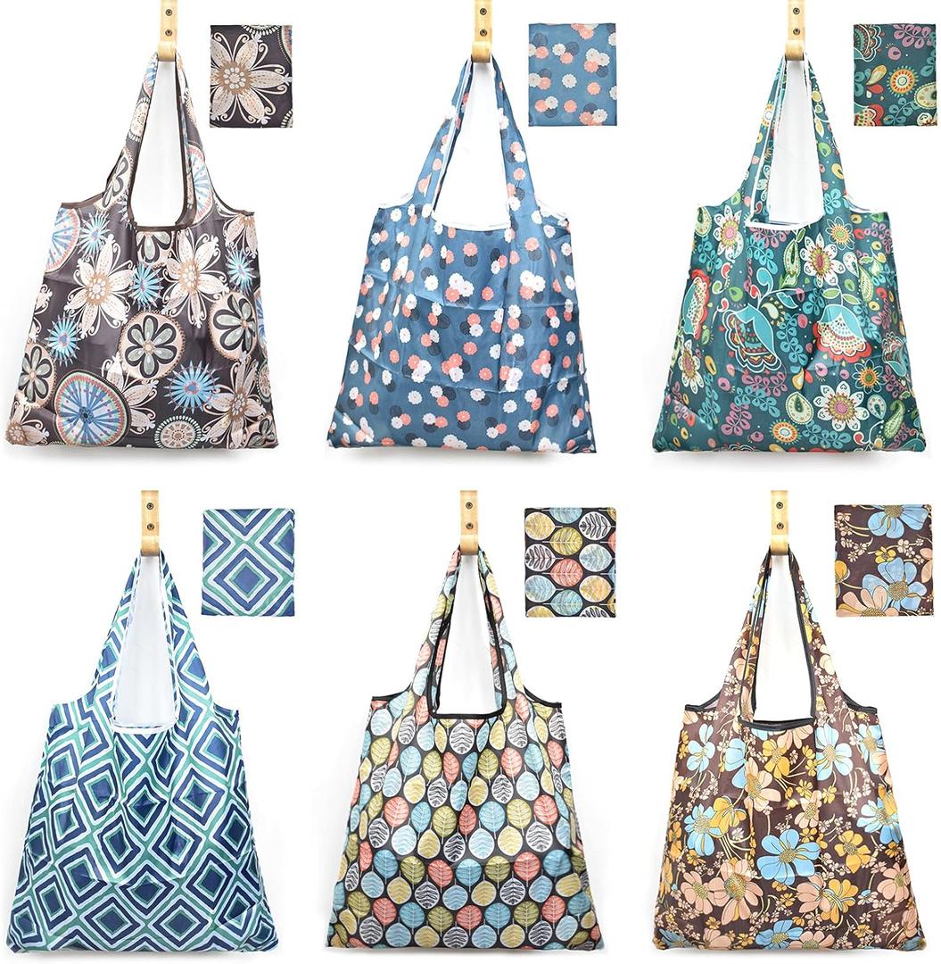 6 Pcs Reusable Grocery Bags Xlarge 50LBS Foldable Grocery Shopping Bags Washable Beach Bag Ripstop Nylon Tote Bags (Elegant Vintage)