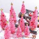 9 Pack Pink Christmas Bottle Brush Trees, Artificial Mini Christmas Tree Decorated Ornaments Small Pink Sisal Tree with Wood Base for Xmas Winter Snow Miniature Tabletop Home Decoration