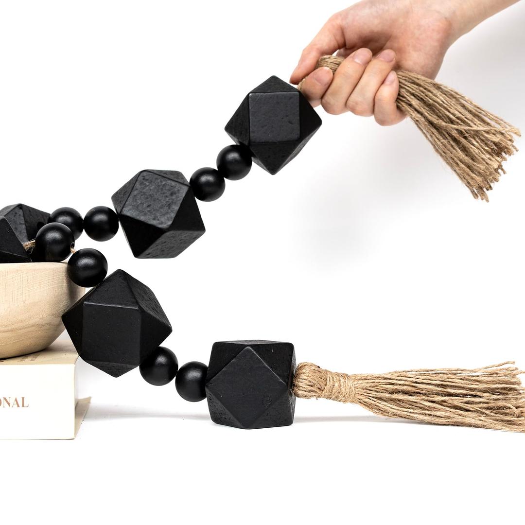 RUIRUICO Extra Large Wood Bead Garland with 2" Diameter Geometric Wooden Beads, Wooden Beads Garland with Tassels, Decorative Beads for Farmhouse Decor (Natural, 56 Inches)