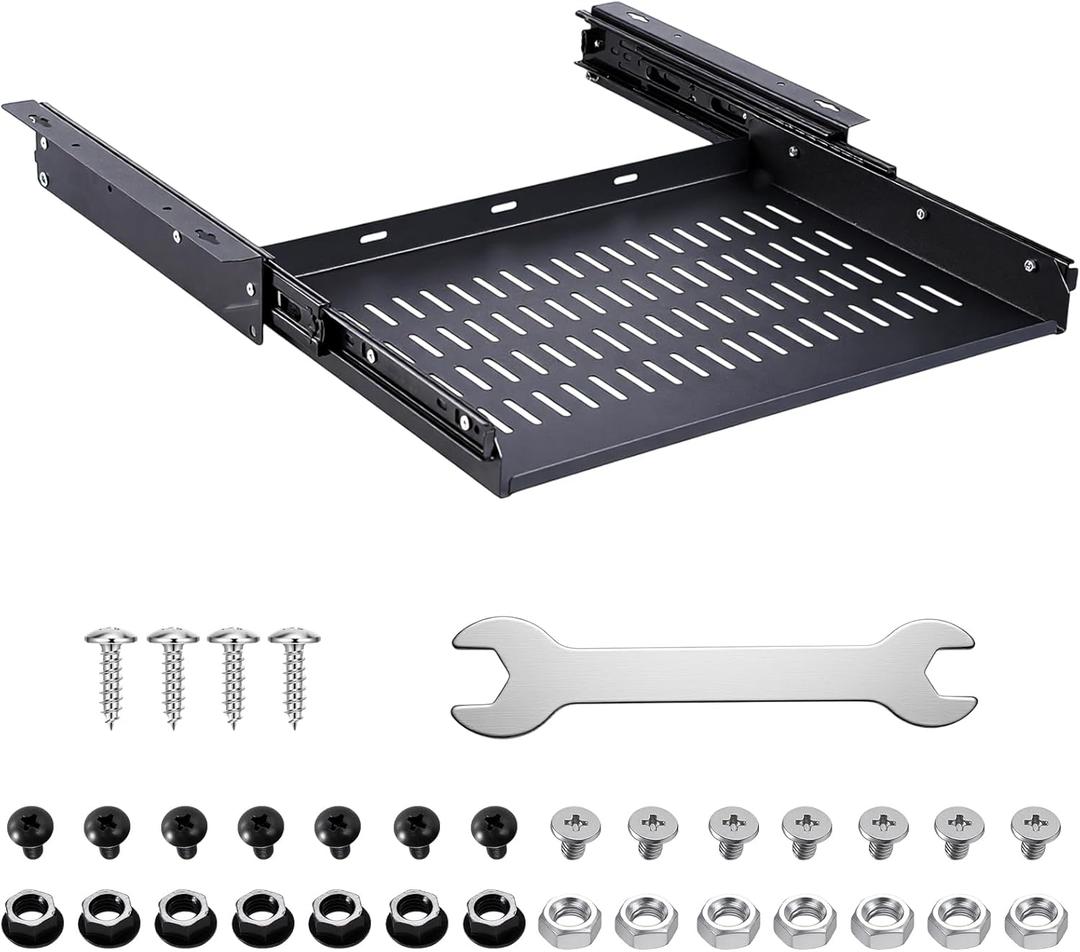 Sliding Under Desk Laptop Mount Shelf with Air Vents 16.3" W x 12" D Metal Under Desk Slide Out Tray Laptop Storage Tray for Home Office Standing Desks Workstations Cabinet Gaming