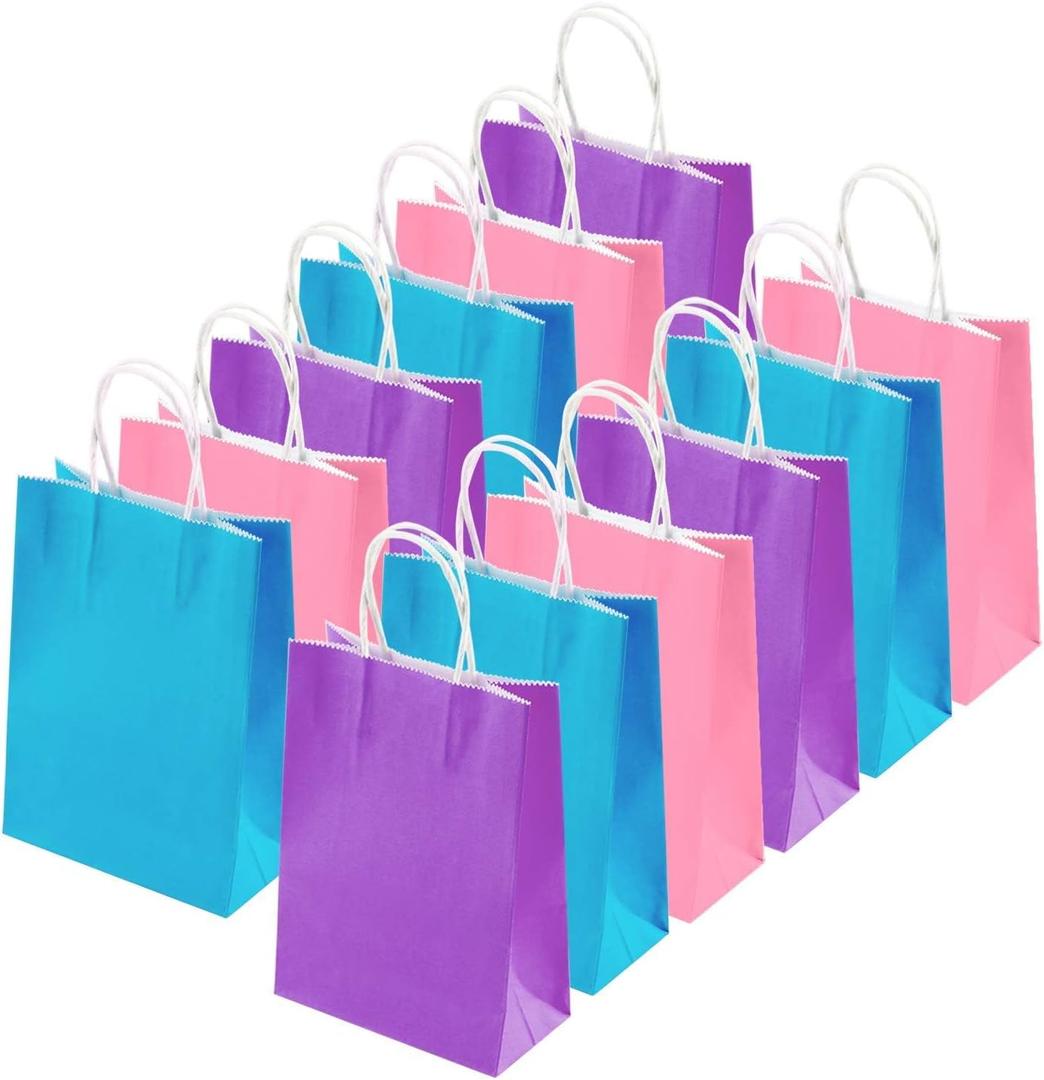 Cooraby 20 Pieces Kraft Paper Bags Party Favor Bags Craft Gift Bag with Handle for Birthday, Baby Shower, Wedding (light blue, light purple, pink)