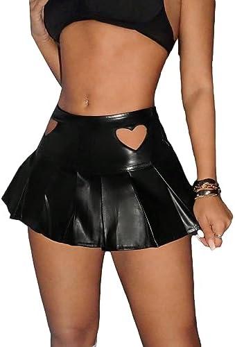 WDIRARA Women's PU Leather High Waist Skirt Heart Print Cut Out Pleated Stretchy Mini Party Skirt Size S