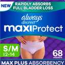 Always Discreet MaxiProtect Adult Diapers for Women, Incontinence Underwear, Scented, Postpartum Essentials, Bladder Leak Protection, Disposable Briefs, Maximum Plus Absorbency, Size S/M, 68 Count