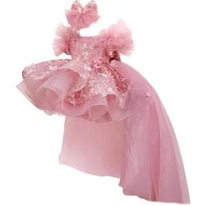 KLFFLGlD Baby Flower Girl Pageant Dresses ButterlyEmbroidered Sequin lace Toddler Formal Wedding PartyPurple Dresses 4-5T (Bean Paste Powder Sleeveless Tailed Dress)