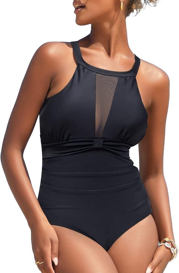 I2CRAZY Womens One Piece Swimsuits Mesh V Neck Monokini Bathing Suits Tummy Control Swimwear
 XL