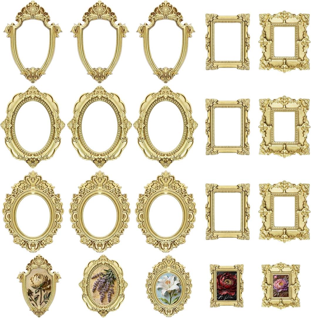 3 x 15PCS Vintage Resin Picture Frame Mini Photo Frame Tiny Gold Antique Frames Small Picture Frame Oval Rectangle Wall Hanging for Tabletop Display Home Decor (Gold, Classic), 2.2 inches x 2.8 inches