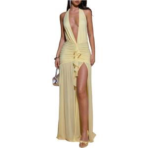 SHENHE Women's Sexy Halter Deep V Maxi Dress Open Back High Slit Ruched Ruffle Party Cocktail Dress (Yellow, M)