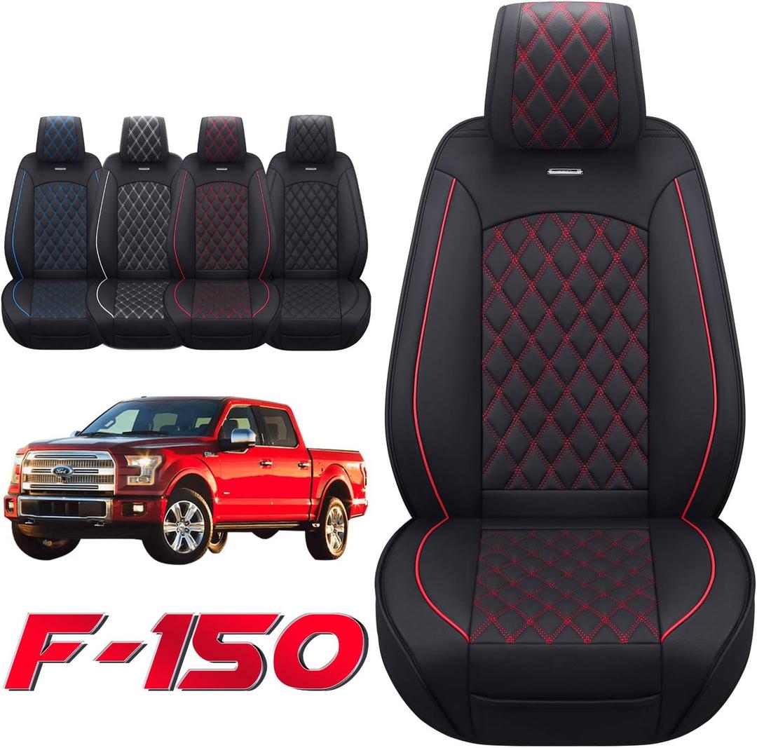 Aierxuan Car Seat Covers Front Set with Waterproof Leather Automotive Vehicle Cushion for Cars SUV Pickup Truck Fit for 2009 to 2025 Ford F150 Carhartt and 2017 to 2025 F250 F350 F450 (Black-Red)