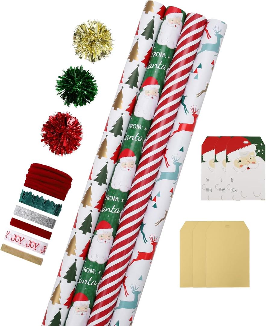 LaRibbons Christmas Wrapping Paper Sets, Reindeer & Santa & Candy Cane Stripes Design with Ribbons & Gift Tags & Metallic Pom Pom for Christmas, Holiday, 30Inch  10Feet 4 Rolls: 100 Sq.Ft.Ttl