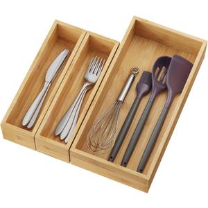 BAMEOS 3-Piece Bamboo Drawer Organizer, Utensil Organizer for Drawer, Junk Drawer Organizer for Kitchen Bathroom, Dressing Room, Office, Pantry (Natural)