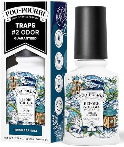 Poo-Pourri Before-You-Go Toilet Spray, Fresh Sea Salt, 2 Fl Oz, Up to 100 Uses, Bathroom Odor Deodorizer with Essential Oils for Home or Work, Travel Essentials, TSA Approved Size, Sea Salt Bergamot, Pack 4