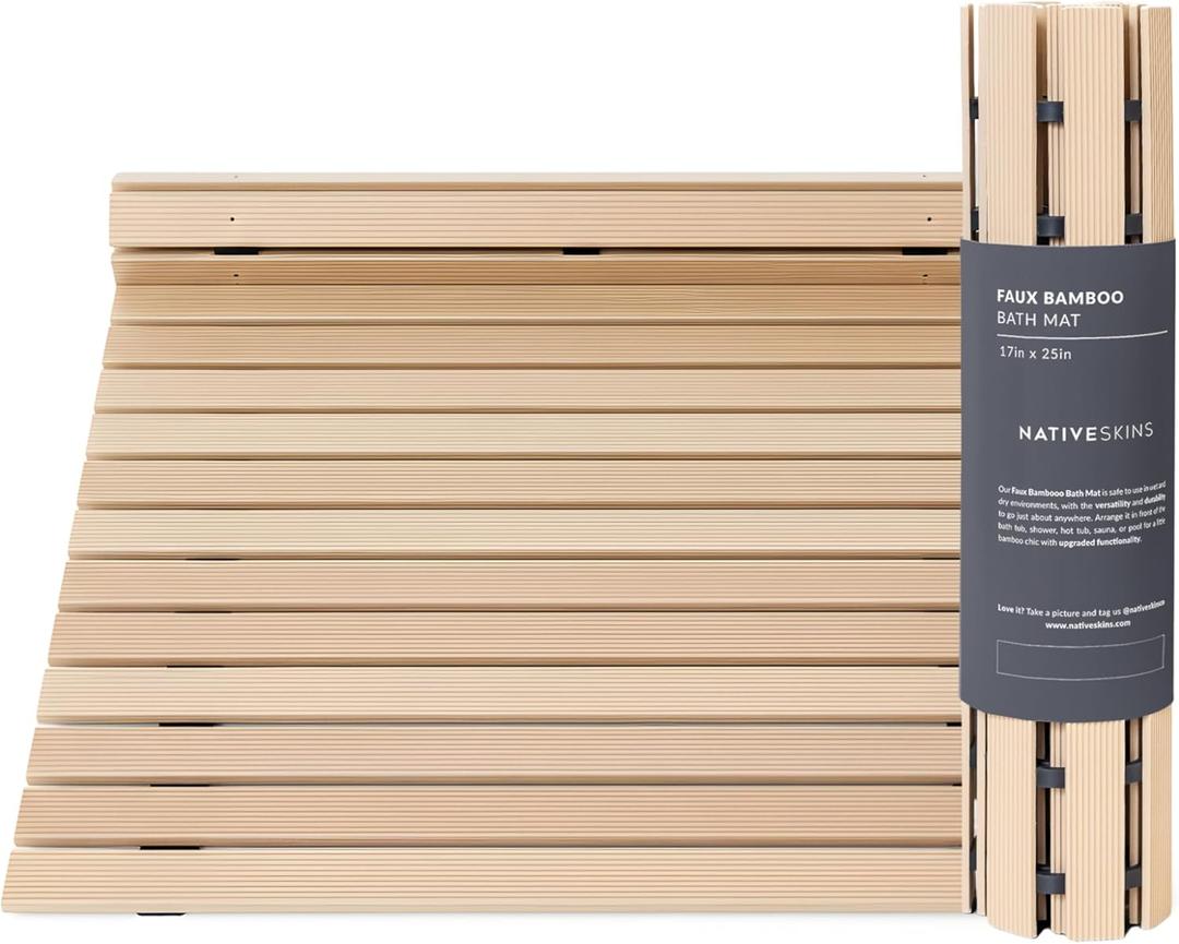 NativeSkins Faux Bamboo Shower Mat (Beige), Non-Slip Safety Lining, Waterproof, Quick-Drying, Eco-Style Slatted Bath Mat for Spa, Sauna - Medium 16.9 x 25.2 inches