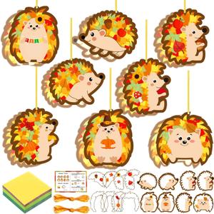 Funrous 32 Set Fall Suncatcher Craft Kit Autumn Hedgehog Suncatcher Paper Crafts with Tissue Paper DIY Window Stained Glass Effect Hanging Ornaments for Autumn Thanksgiving DIY Activities Party Favors