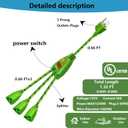 2 x 3 Way Extension Cord with LED Switch, 1.32FT Heavy Duty Green Power Cord Splitter,18AWG,10A/1250W,Automatic Overcurrent Protection,Indoor Use,for High-Power Electrical Appliances