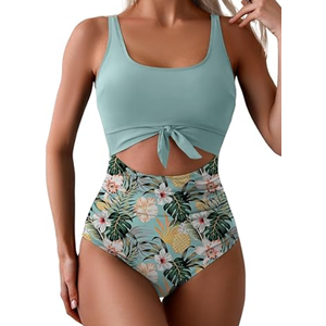 Eomenie Women's One Piece Swimsuit Tummy Control Slimming Bathing Suit Cutout Tie Knot Swimwear Army Green, Print,  L