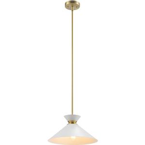 Globe Electric 1-Light Pendant Light, Matte Brass Finish, White Tapered Metal Shade with Ring Detail, Adjustable Rods, Dimmable, E26 Base, 67000197, 14x14x60 inches