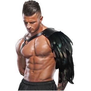 L'VOW Gothic Feather Shoulder Armor for Men Leather Harness Medieval Guards Halloween Cosplay Costume