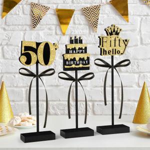 3 Pcs 50th Birthday Table Decorations Wooden Signs,Happy 50th Birthday Tiered Tray Decorations for men women Birthday Party Decor (50)