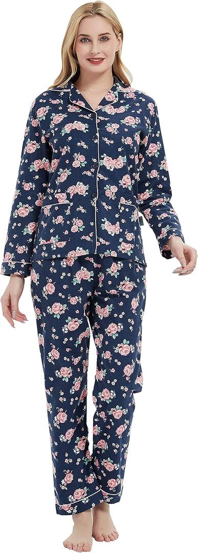 GLOBAL Comfy Pajamas for Women 2-Piece Warm and Cozy Flannel Pj Set of Loungewear Button Front Top Pants (XX-Large, Dark Blue & Pink Roses)