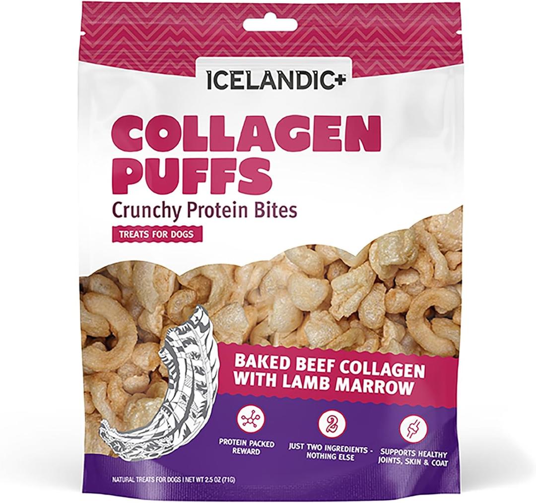 Icelandic+ Collagen Puffs: Baked Beef Collagen with Lamb Marrow 2.5oz - Treats for Med-Lg Dogs, Crunchy Protein Bites (2.5 Ounce (Pack of 1)) BB Date: 5/13/27