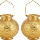 TRIROCKS Set of 2 Moroccan Style Metal Table Lamp 7'' High Battery Powered Cordless Lamp with LED Lights Bulb Perfect for Home Living Room Parties Tabletop Indoors (Gold)